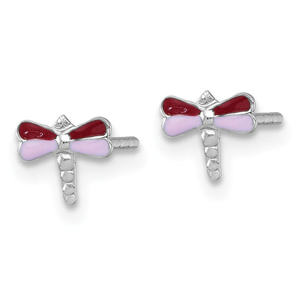 Sterling Silver Madi K Rhodium Plated Enamel Red and Pink Dragonfly Children's Post Earrings