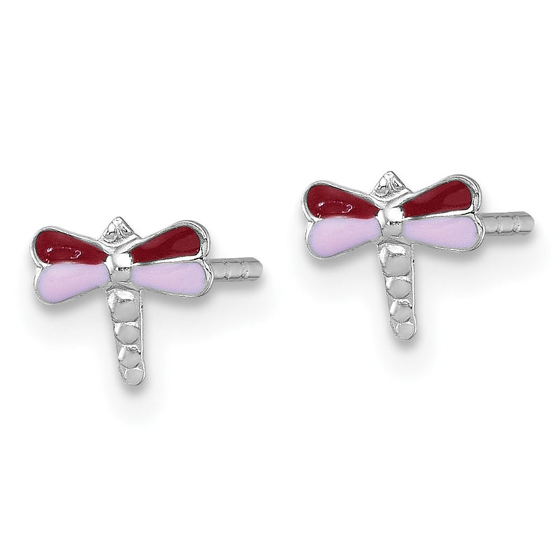 Sterling Silver Madi K Rhodium Plated Enamel Red and Pink Dragonfly Children's Post Earrings
