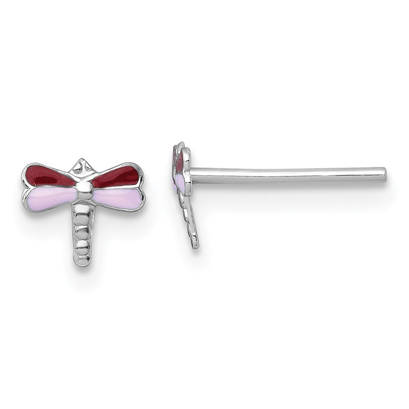 Sterling Silver Madi K Rhodium Plated Enamel Red and Pink Dragonfly Children's Post Earrings