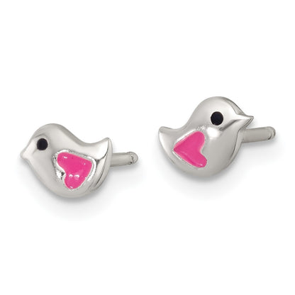 Sterling Silver Polished Enameled Heart Bird Children's Post Earrings