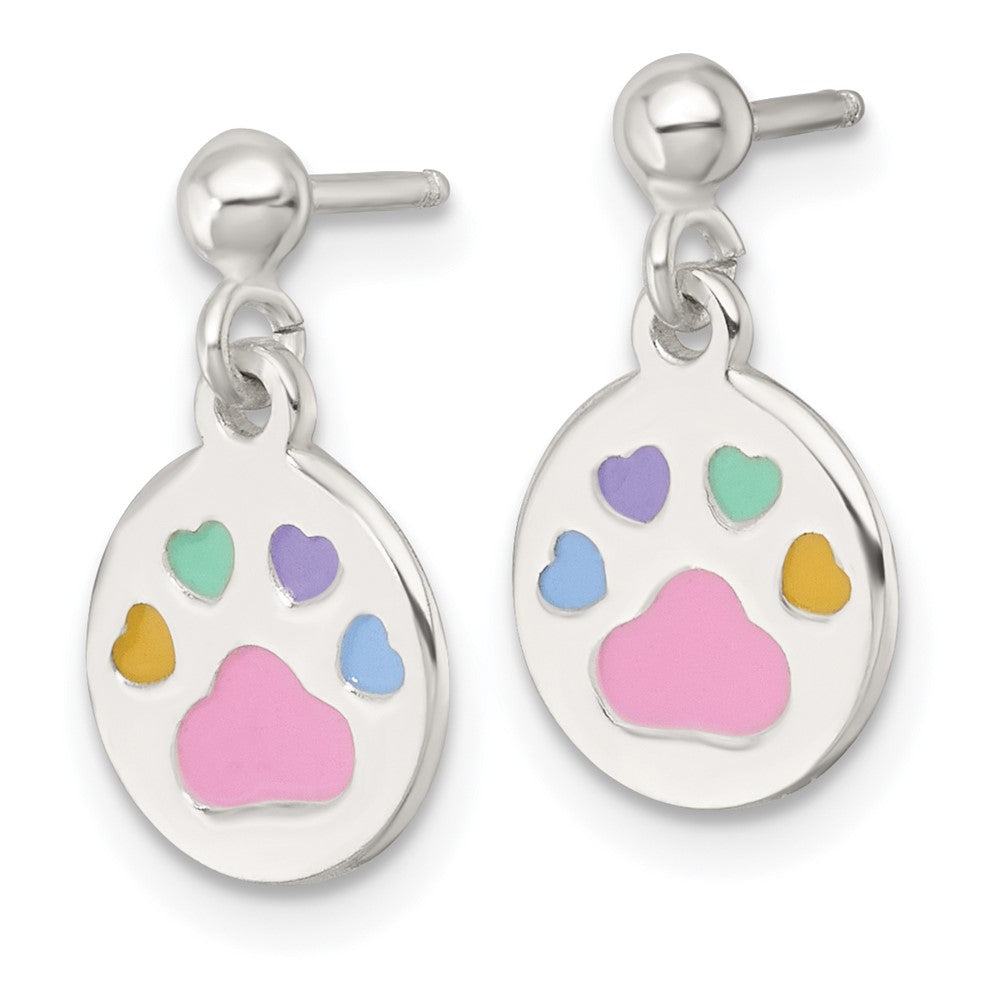 Sterling Silver Enamel Multicolor Pawprint Children's Post Dangle Earrings
