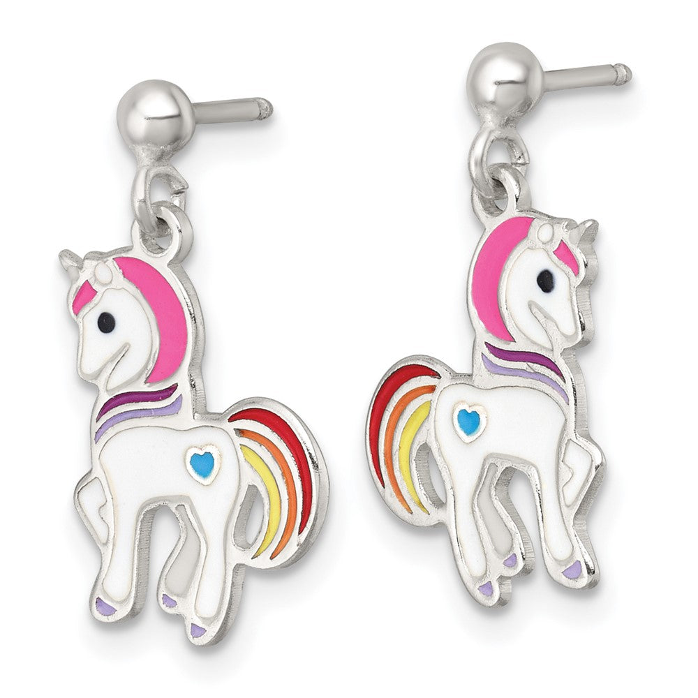 Sterling Silver Polished Enameled Unicorn Children's Post Dangle Earrings