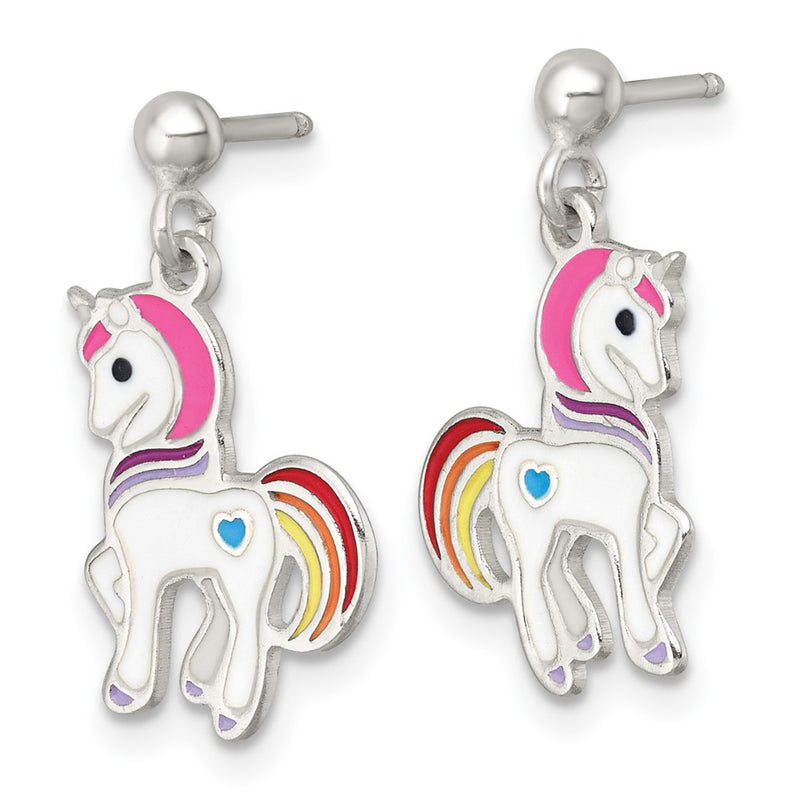 Sterling Silver Polished Enameled Unicorn Children's Post Dangle Earrings