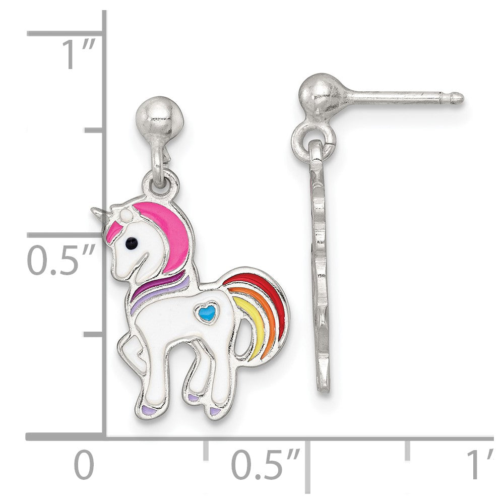 Sterling Silver Polished Enameled Unicorn Children's Post Dangle Earrings