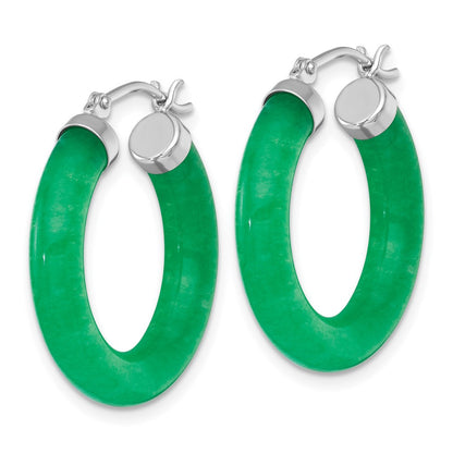 Sterling Silver Rhodium Plated 4.3mm Dyed Jade Quartz Round Hoop Earrings