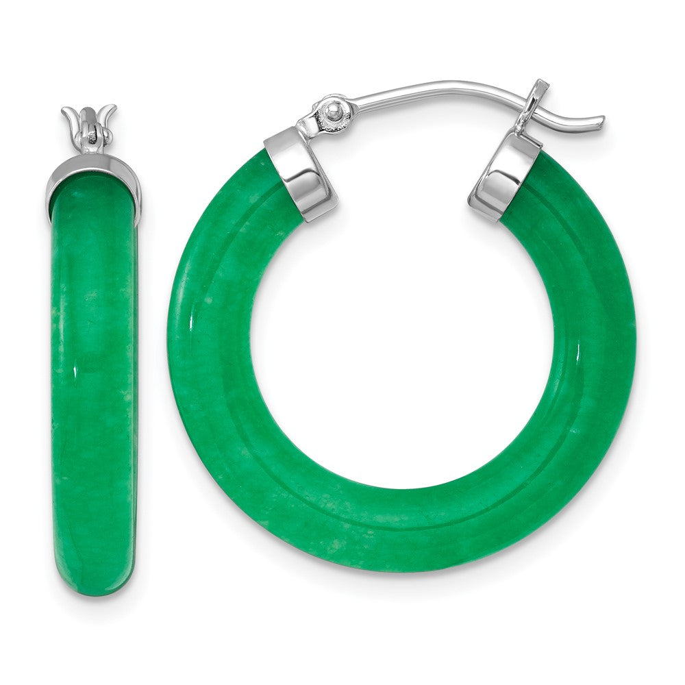 Sterling Silver Rhodium Plated 4.3mm Dyed Jade Quartz Round Hoop Earrings