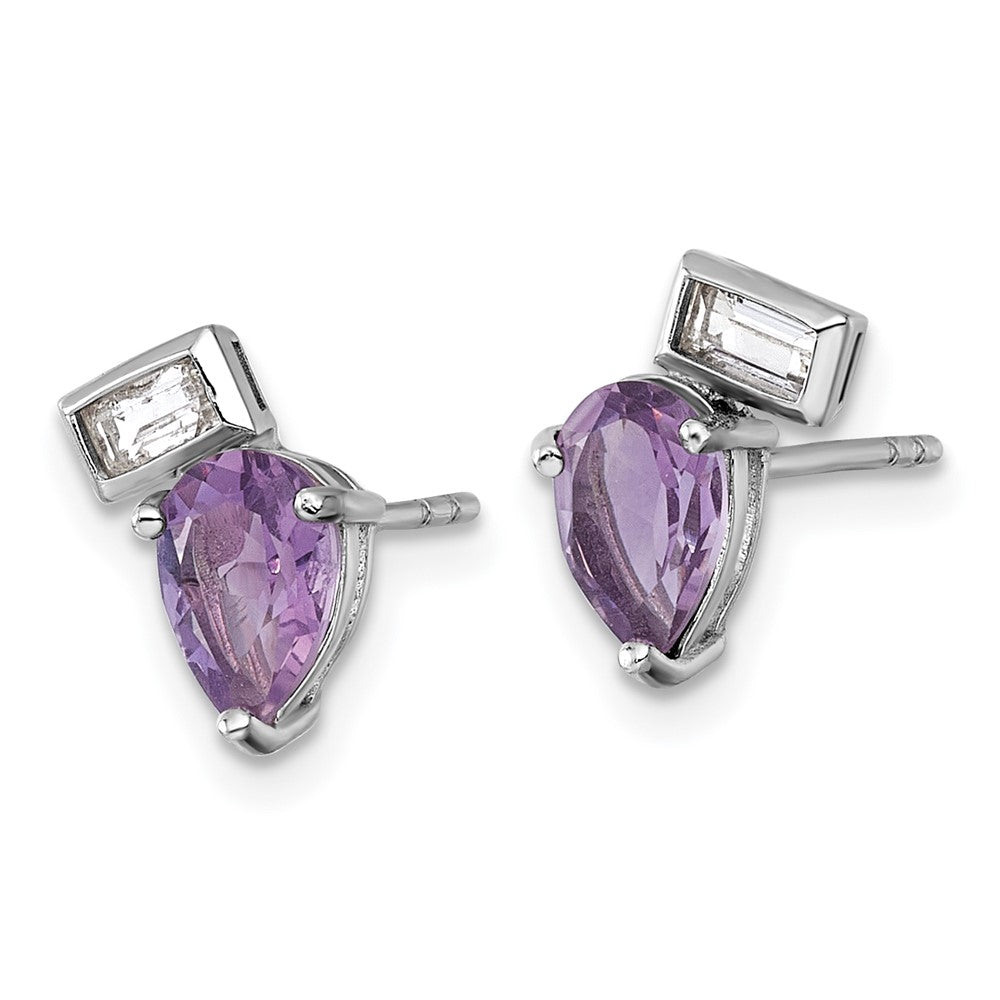 Sterling Silver Rhodium Plated Pear Rectangle Shape Amethyst and White Topaz Post Earrings
