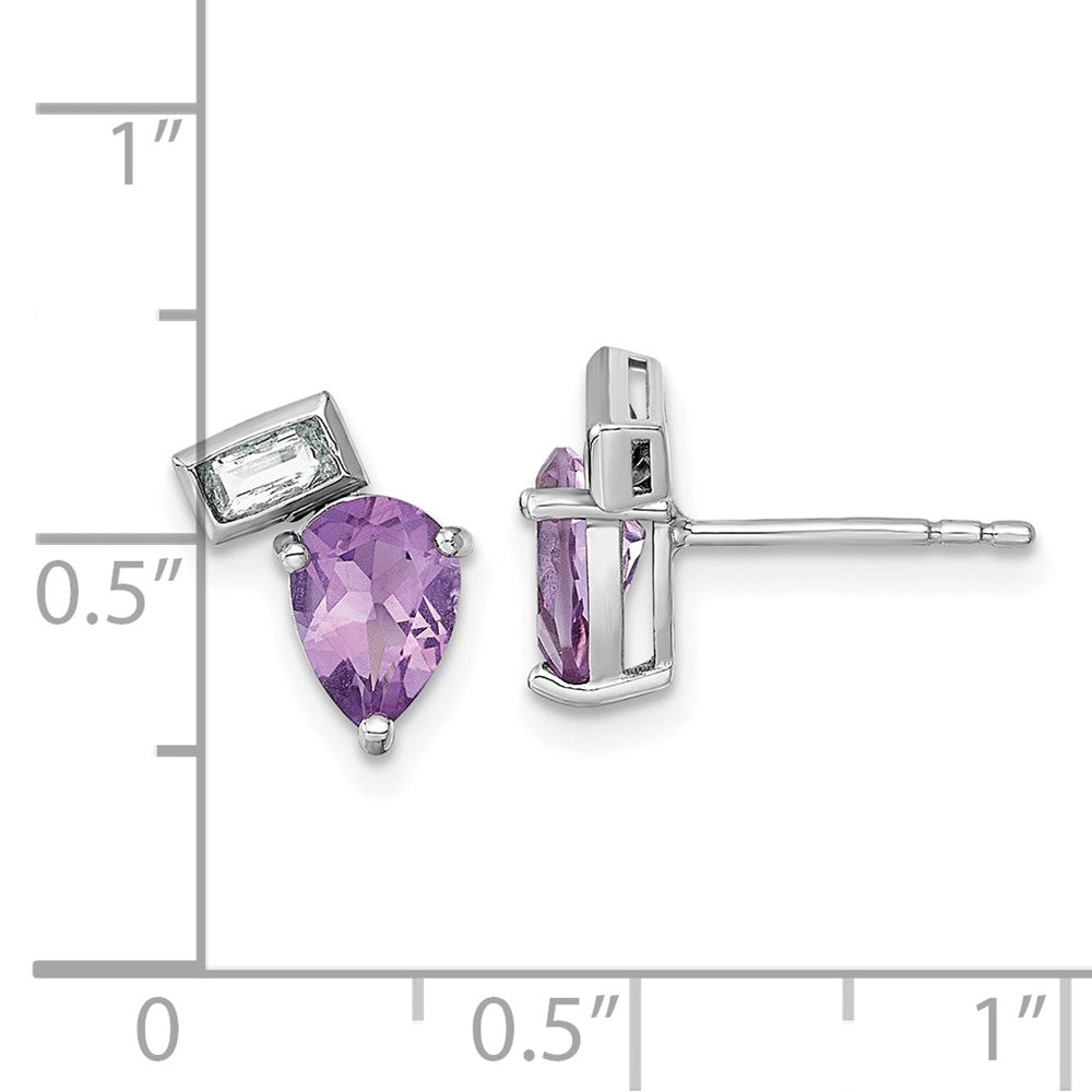 Sterling Silver Rhodium Plated Pear Rectangle Shape Amethyst and White Topaz Post Earrings