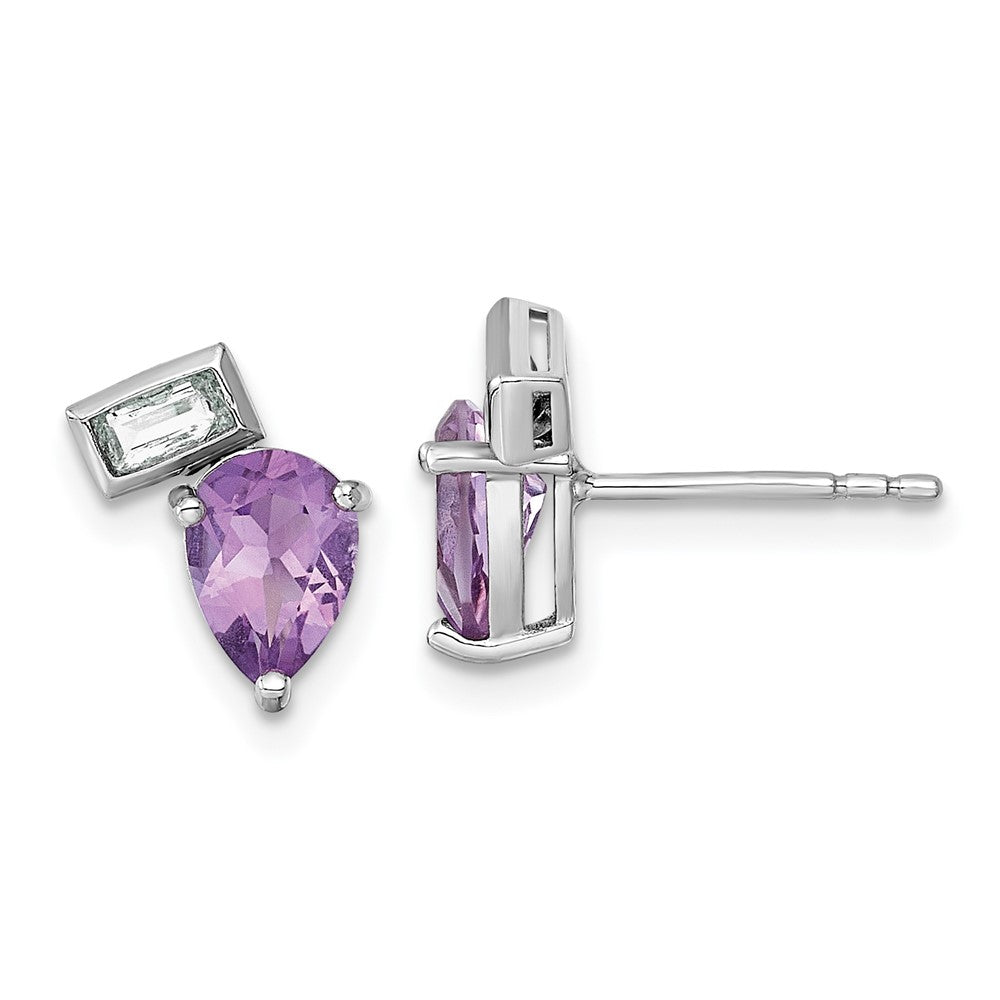 Sterling Silver Rhodium Plated Pear Rectangle Shape Amethyst and White Topaz Post Earrings