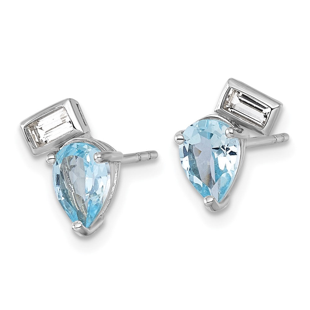 Sterling Silver Rhodium Plated Pear and Rectangle Shape Bt and White Topaz Post Earrings