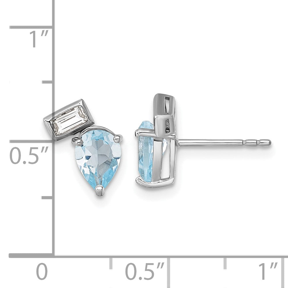 Sterling Silver Rhodium Plated Pear and Rectangle Shape Bt and White Topaz Post Earrings
