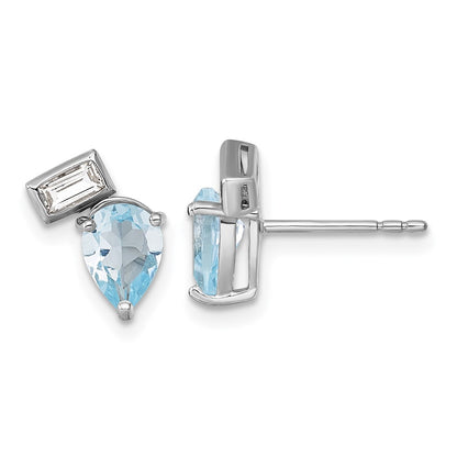 Sterling Silver Rhodium Plated Pear and Rectangle Shape Bt and White Topaz Post Earrings