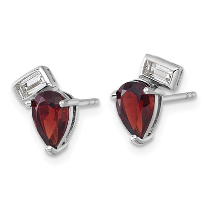 Sterling Silver Rhodium Plated Pear and Rectangle Shape Garnet White Topaz Post Earrings