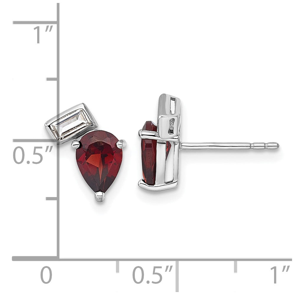 Sterling Silver Rhodium Plated Pear and Rectangle Shape Garnet White Topaz Post Earrings