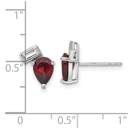 Sterling Silver Rhodium Plated Pear and Rectangle Shape Garnet White Topaz Post Earrings