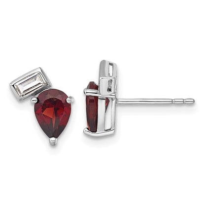 Sterling Silver Rhodium Plated Pear and Rectangle Shape Garnet White Topaz Post Earrings