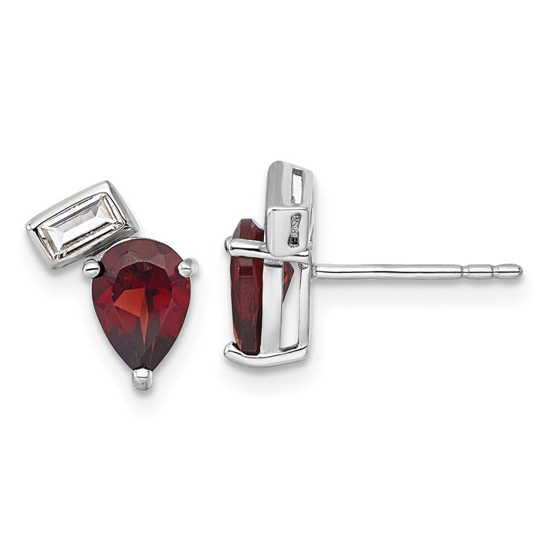 Sterling Silver Rhodium Plated Pear and Rectangle Shape Garnet White Topaz Post Earrings