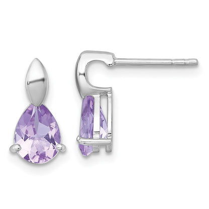 Sterling Silver Rhodium Plated Polished Amethyst Teardrop Post Dangle Earrings