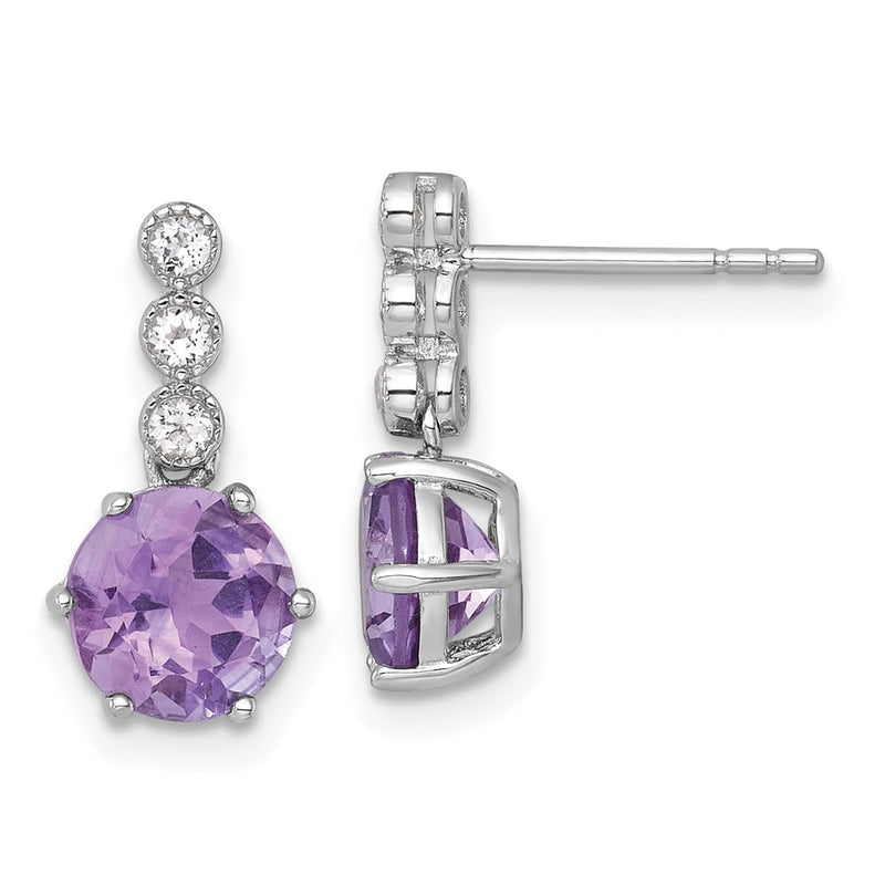 Sterling Silver Rhodium Plated Amethyst and White Topaz Post Dangle Earrings