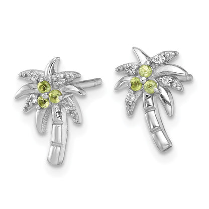 Sterling Silver Rh-Pltd Polished & Grooved Peridot & Wt Palm Tree Post Earrings