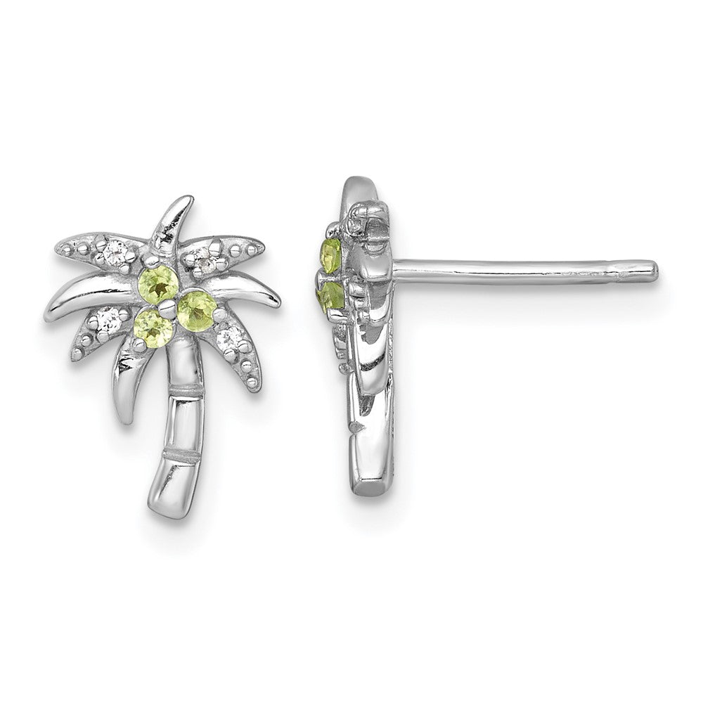 Sterling Silver Rh-Pltd Polished & Grooved Peridot & Wt Palm Tree Post Earrings