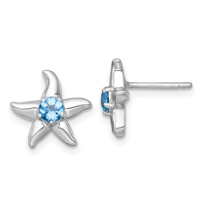 Sterling Silver Rhodium Plated Light Swiss Blue Topaz Starfish Post Earrings