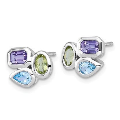 Sterling Silver Rhodium Plated Polished Blue Topaz/peridot/amethyst Post Earrings
