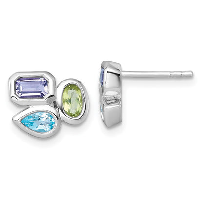 Sterling Silver Rhodium Plated Polished Blue Topaz/peridot/amethyst Post Earrings