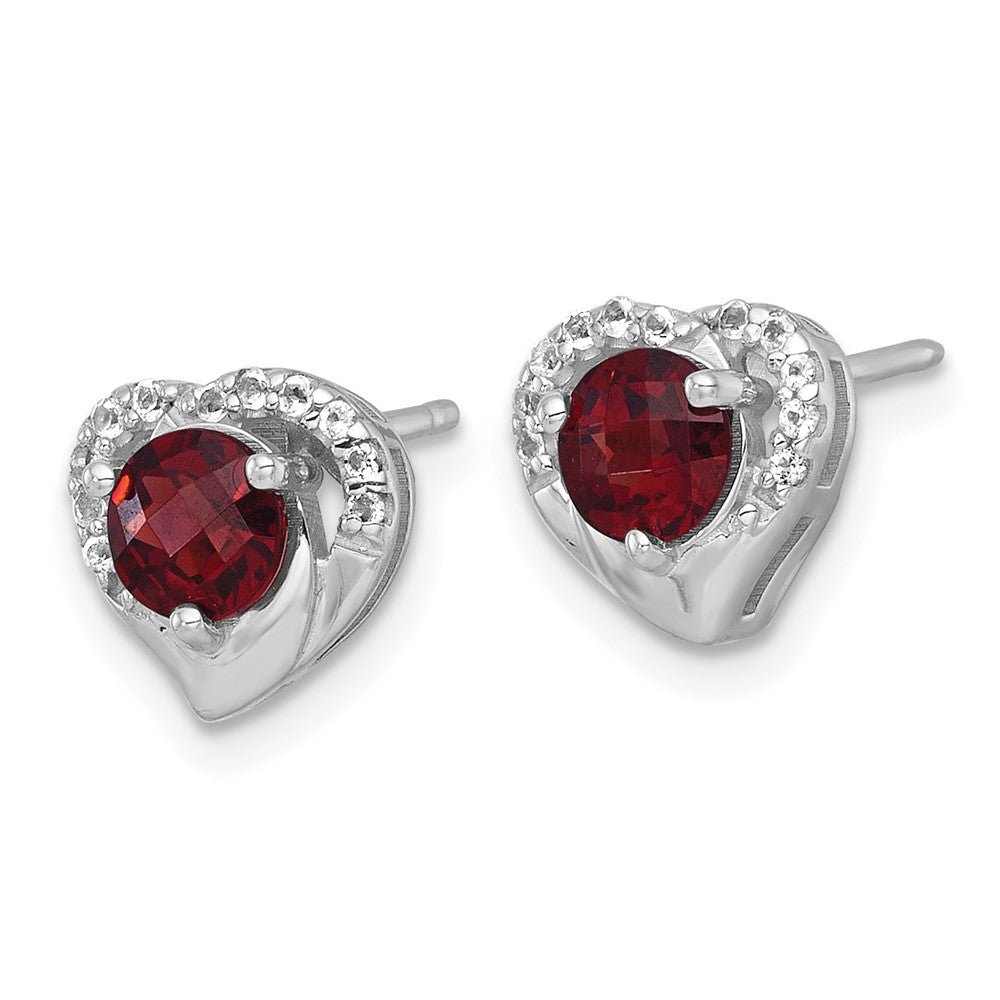 Sterling Silver Rhodium Plated Garnet & White Topaz Heart Post Earrings
