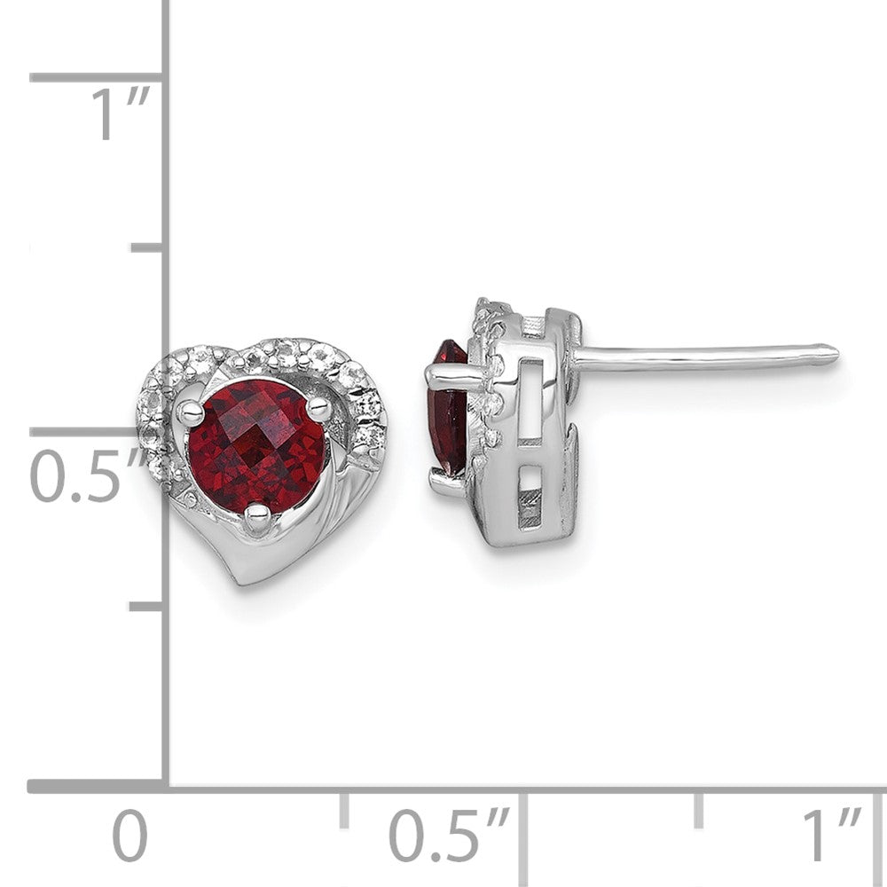 Sterling Silver Rhodium Plated Garnet & White Topaz Heart Post Earrings