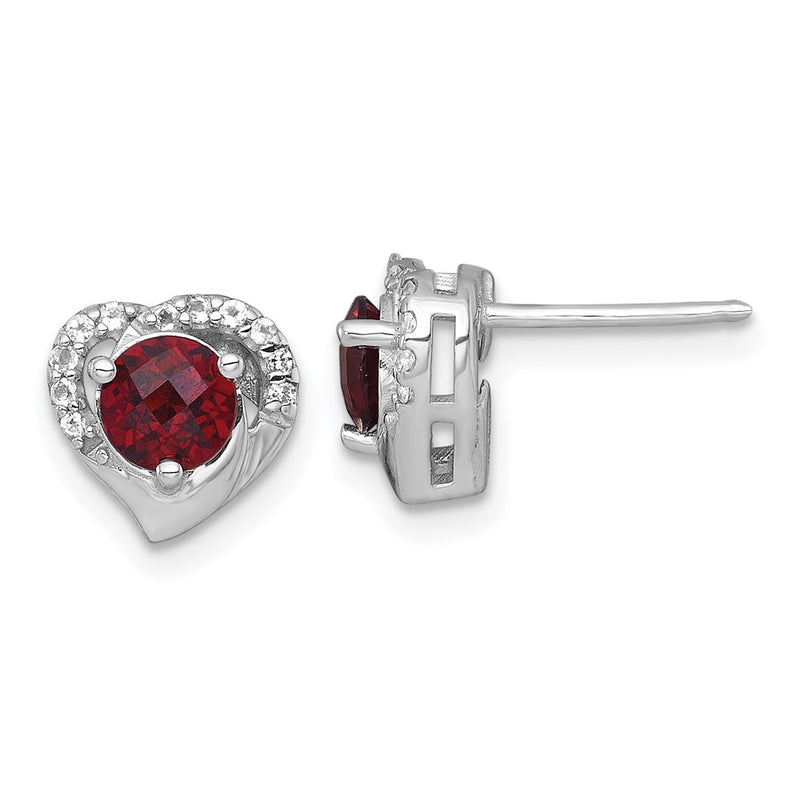 Sterling Silver Rhodium Plated Garnet & White Topaz Heart Post Earrings