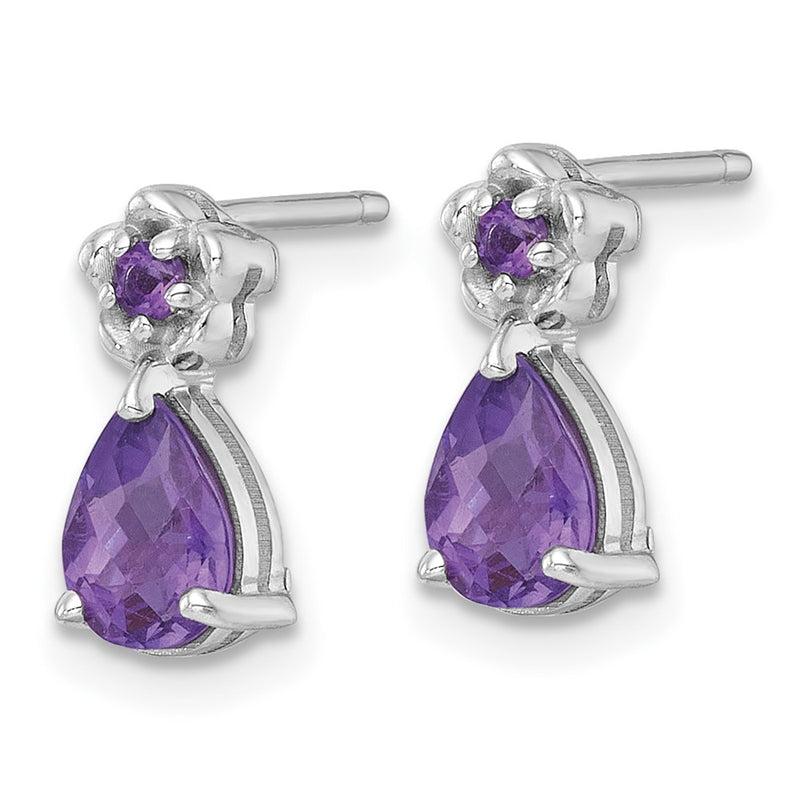 Sterling Silver Rhodium Plated Amethyst Teardrop & Flower Post Earrings