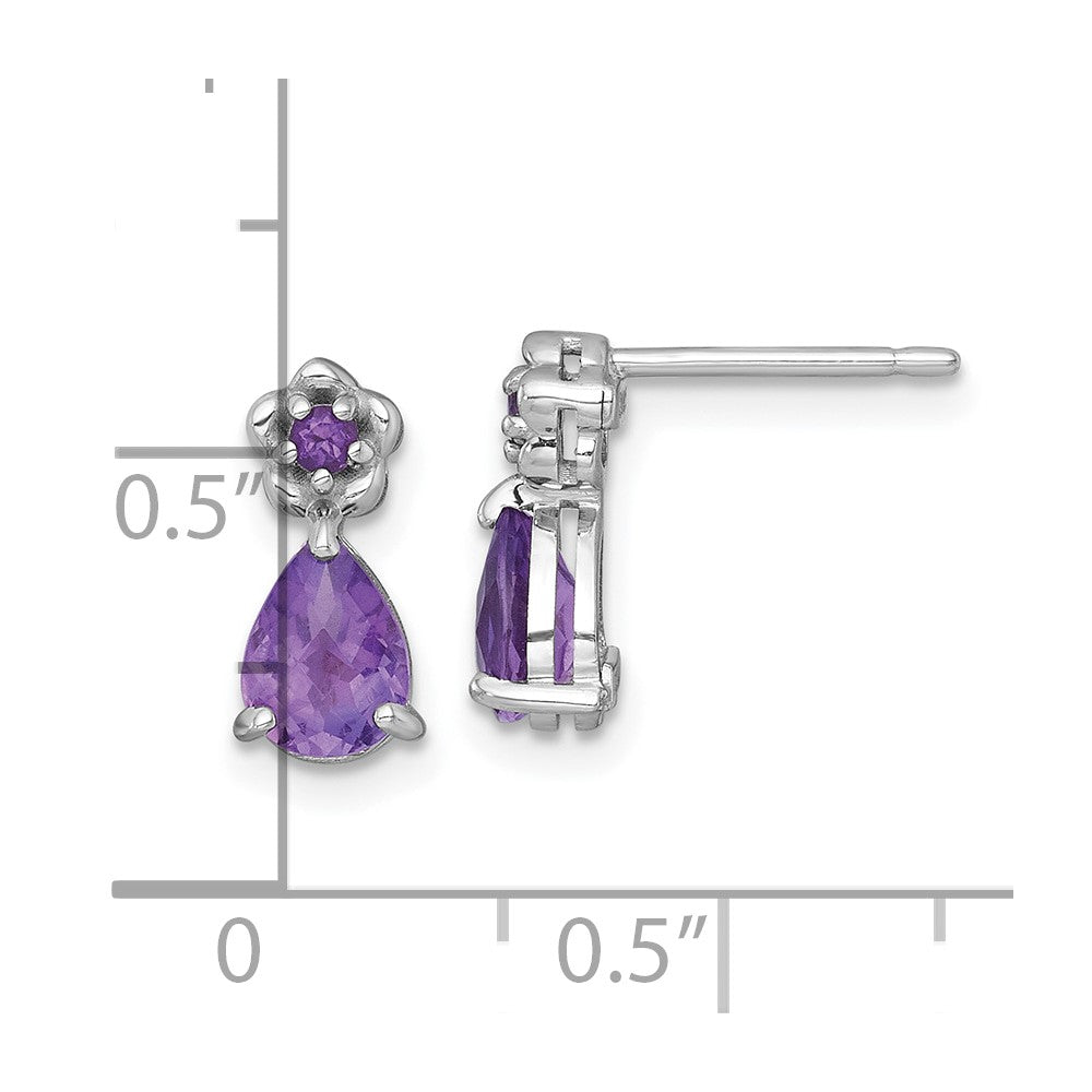 Sterling Silver Rhodium Plated Amethyst Teardrop & Flower Post Earrings