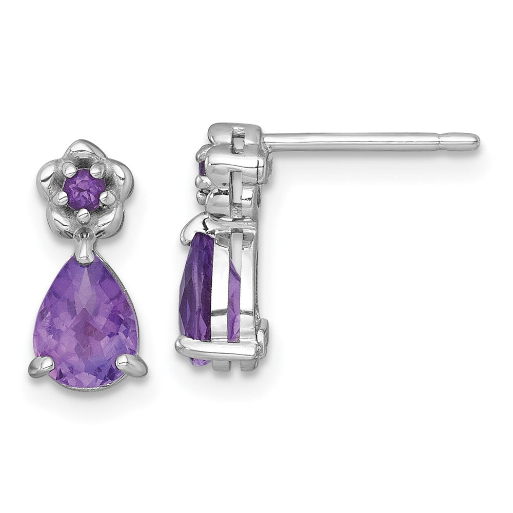 Sterling Silver Rhodium Plated Amethyst Teardrop & Flower Post Earrings