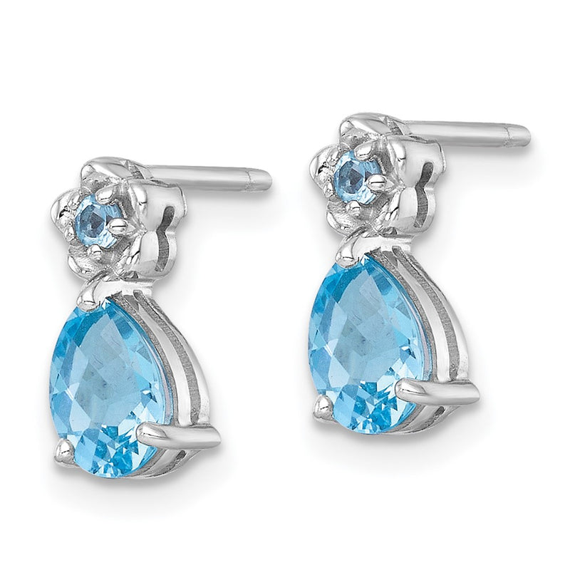 Sterling Silver Rhodium Plated Light Swiss Blue Topaz Teardrop & Flower Post Earrings