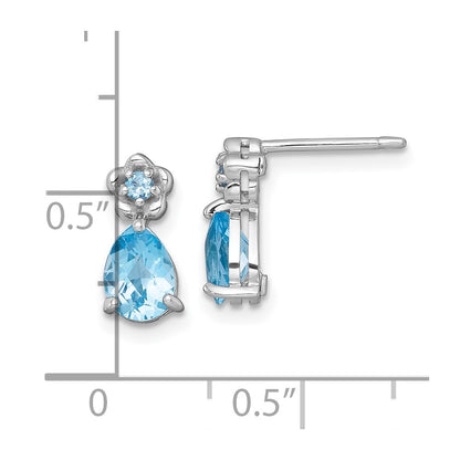 Sterling Silver Rhodium Plated Light Swiss Blue Topaz Teardrop & Flower Post Earrings