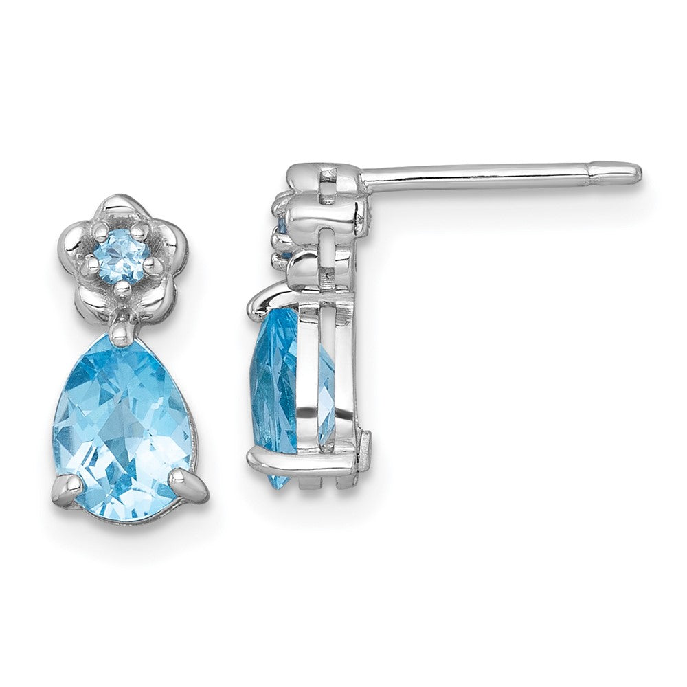 Sterling Silver Rhodium Plated Light Swiss Blue Topaz Teardrop & Flower Post Earrings