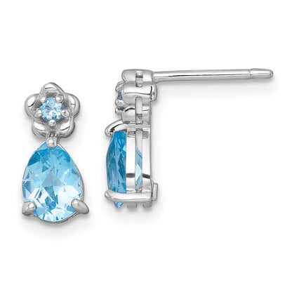Sterling Silver Rhodium Plated Light Swiss Blue Topaz Teardrop & Flower Post Earrings