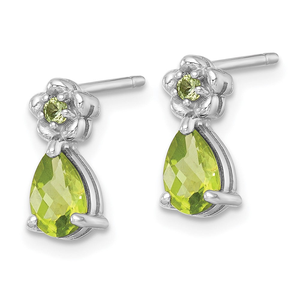 Sterling Silver Rhodium Plated Peridot Teardrop & Flower Post Earrings