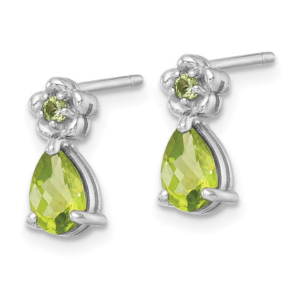 Sterling Silver Rhodium Plated Peridot Teardrop & Flower Post Earrings