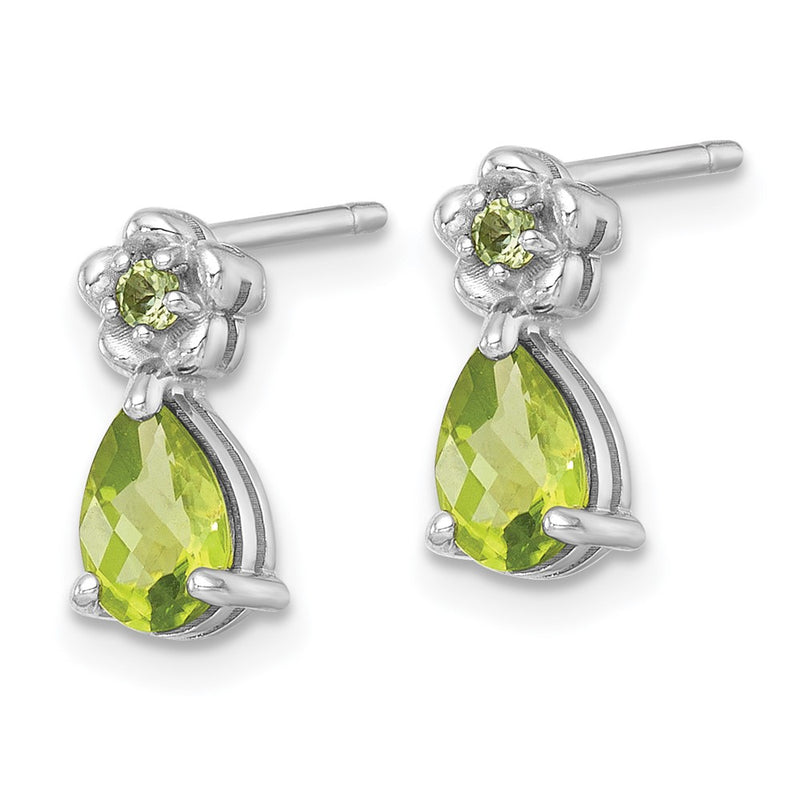 Sterling Silver Rhodium Plated Peridot Teardrop & Flower Post Earrings