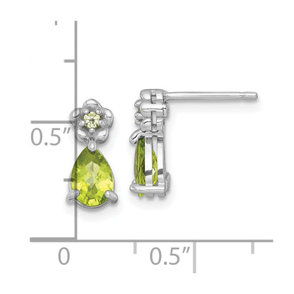 Sterling Silver Rhodium Plated Peridot Teardrop & Flower Post Earrings