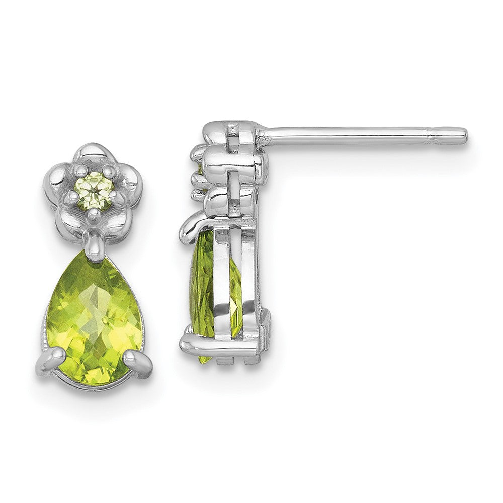 Sterling Silver Rhodium Plated Peridot Teardrop & Flower Post Earrings