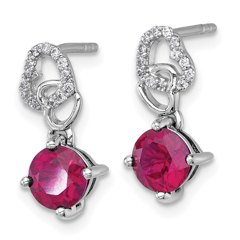 Sterling Silver Rhodium Plated Polished Cr. Ruby & CZ Heart Post Dangle Earrings