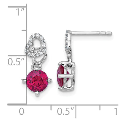 Sterling Silver Rhodium Plated Polished Cr. Ruby & CZ Heart Post Dangle Earrings