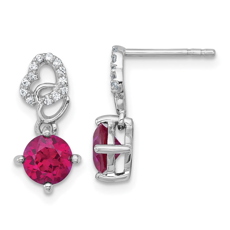 Sterling Silver Rhodium Plated Polished Cr. Ruby & CZ Heart Post Dangle Earrings