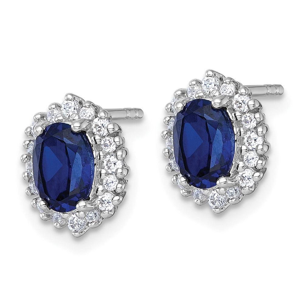 Sterling Silver Rhodium Plated Polished Cr. Sapphire CZ Oval Halo Post Earrings