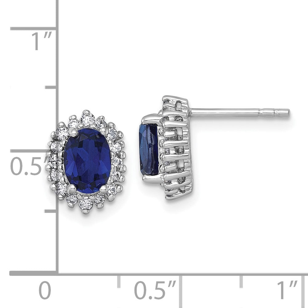 Sterling Silver Rhodium Plated Polished Cr. Sapphire CZ Oval Halo Post Earrings