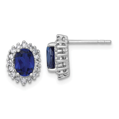 Sterling Silver Rhodium Plated Polished Cr. Sapphire CZ Oval Halo Post Earrings