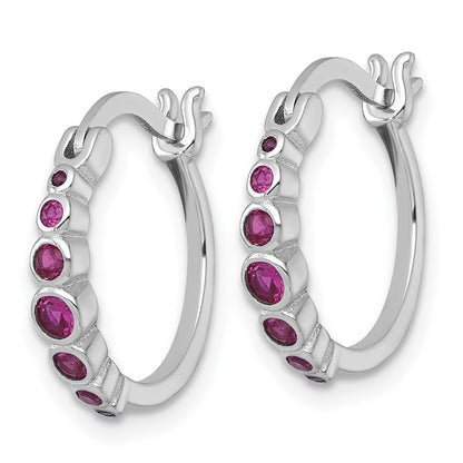 Sterling Silver Rhodium-Plated Graduated Lab Created Ruby Hoop Earrings